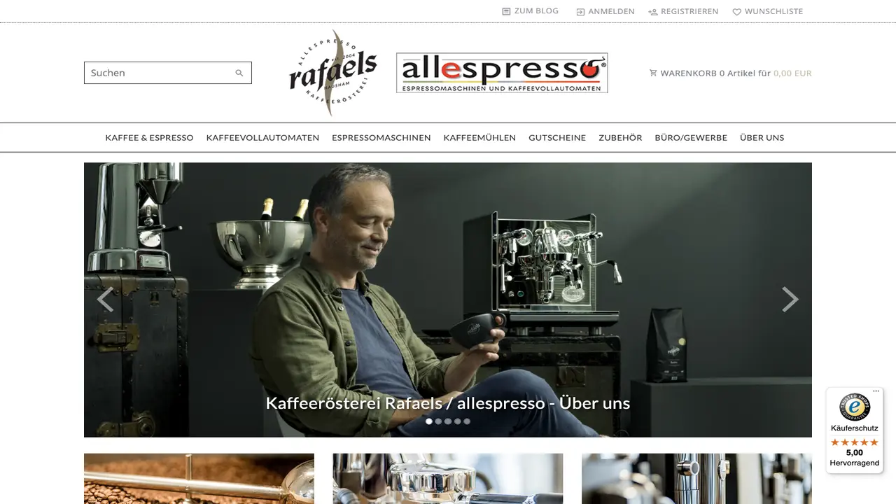 Website der Kaffeerösterei Rafaels / allespresso