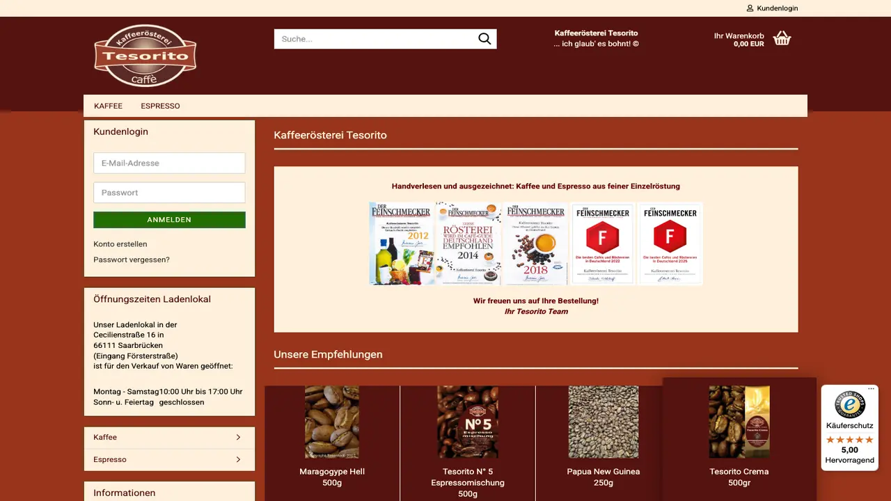 Website der Kaffeerösterei Tesorito