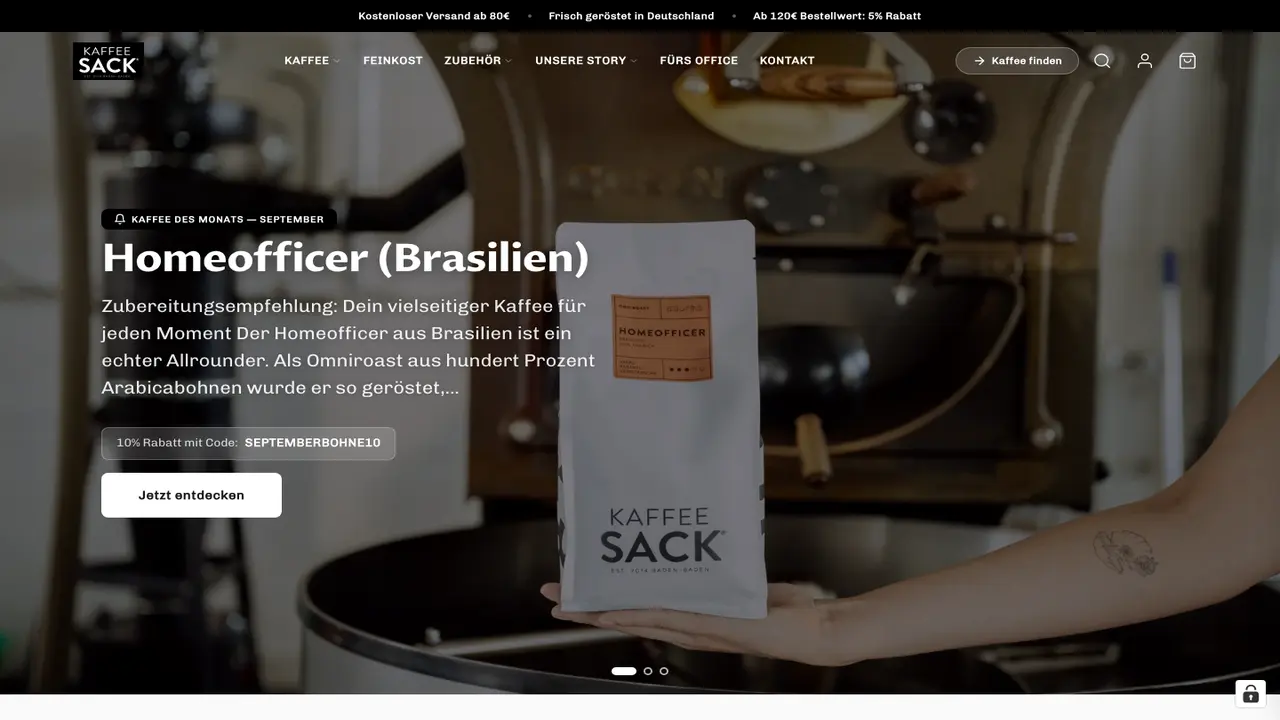 Website der Kaffeesack. die Rösterei