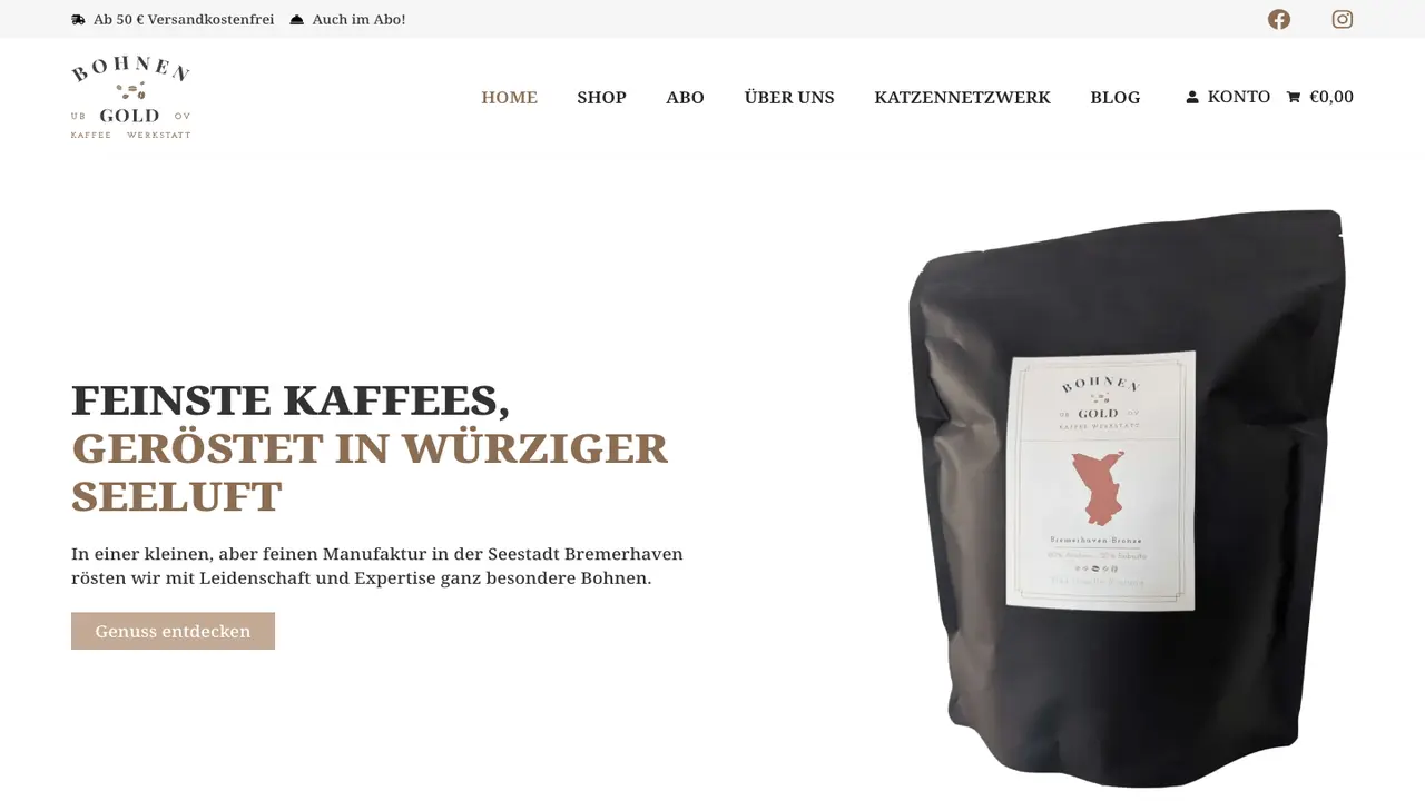 Website der Kaffeewerkstatt Bohnengold
