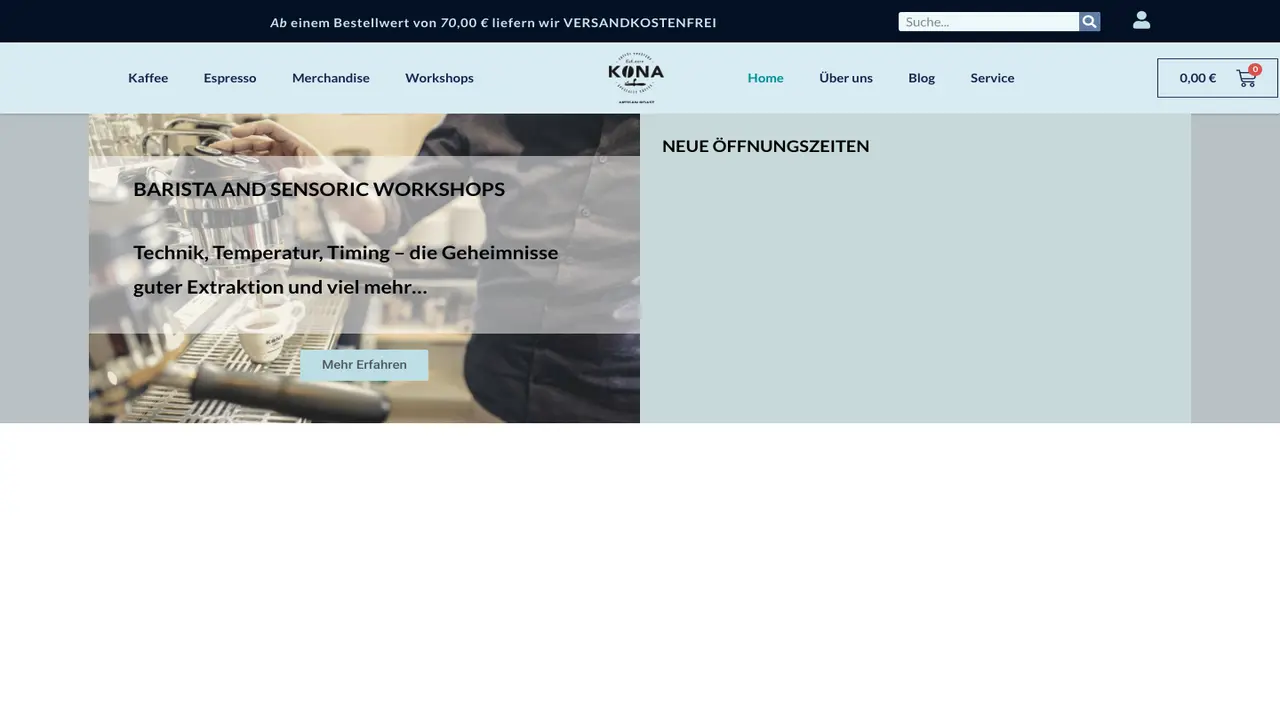 Website der Kona Kaffeerösterei