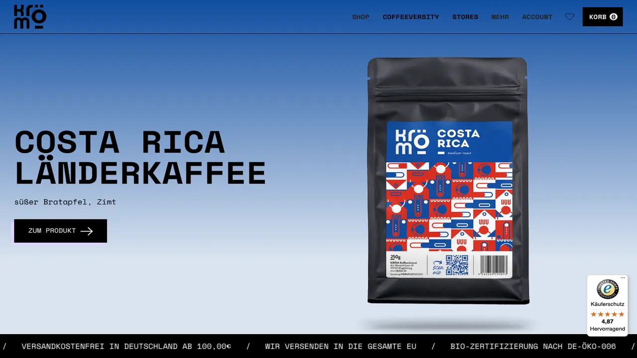Website der KRÖM Kaffeerösterei - PRODUKTION