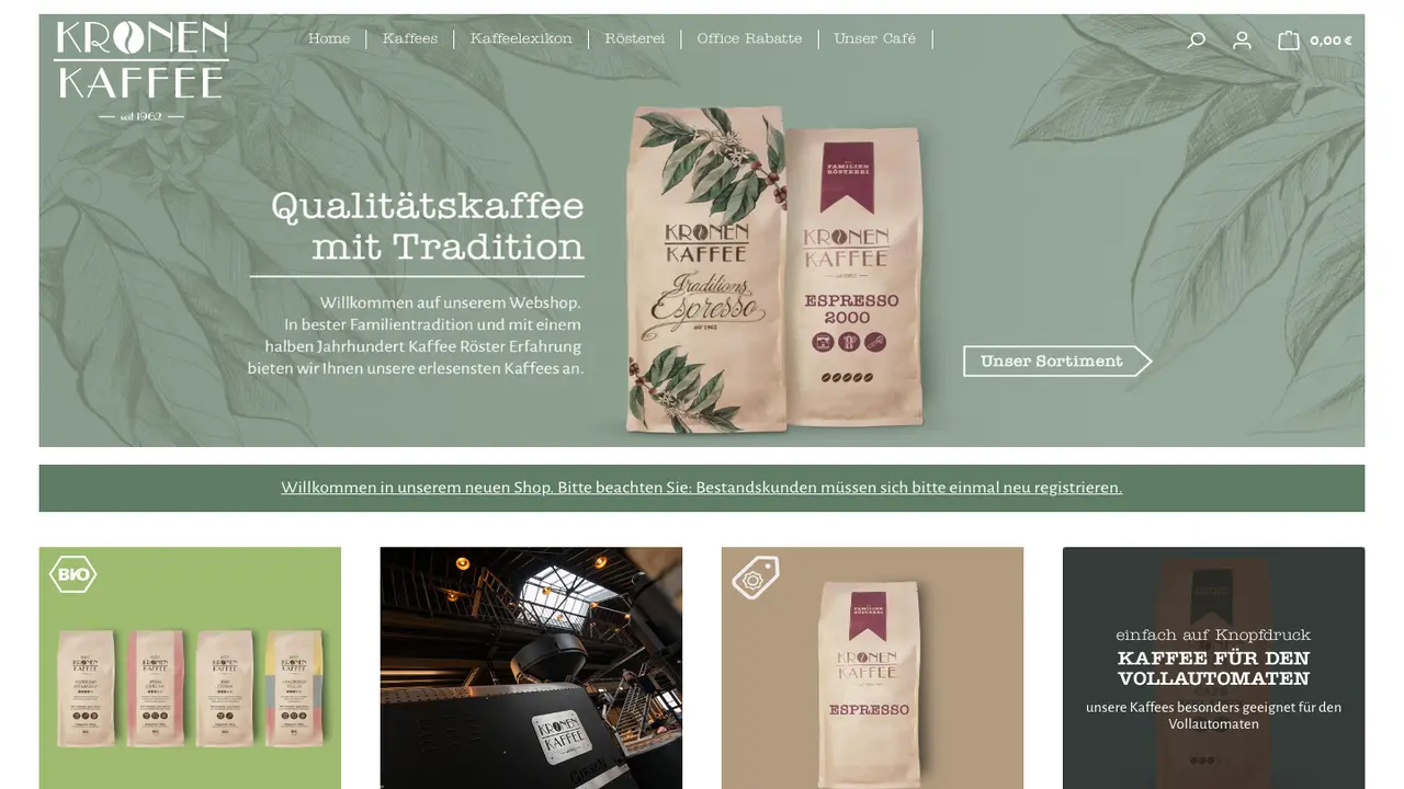 Website der Kronen Café Kaffeerösterei und Gastronomiebedarf