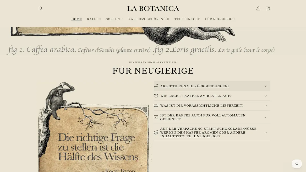 Website der LA BOTANICA KAFFEERÖSTEREI