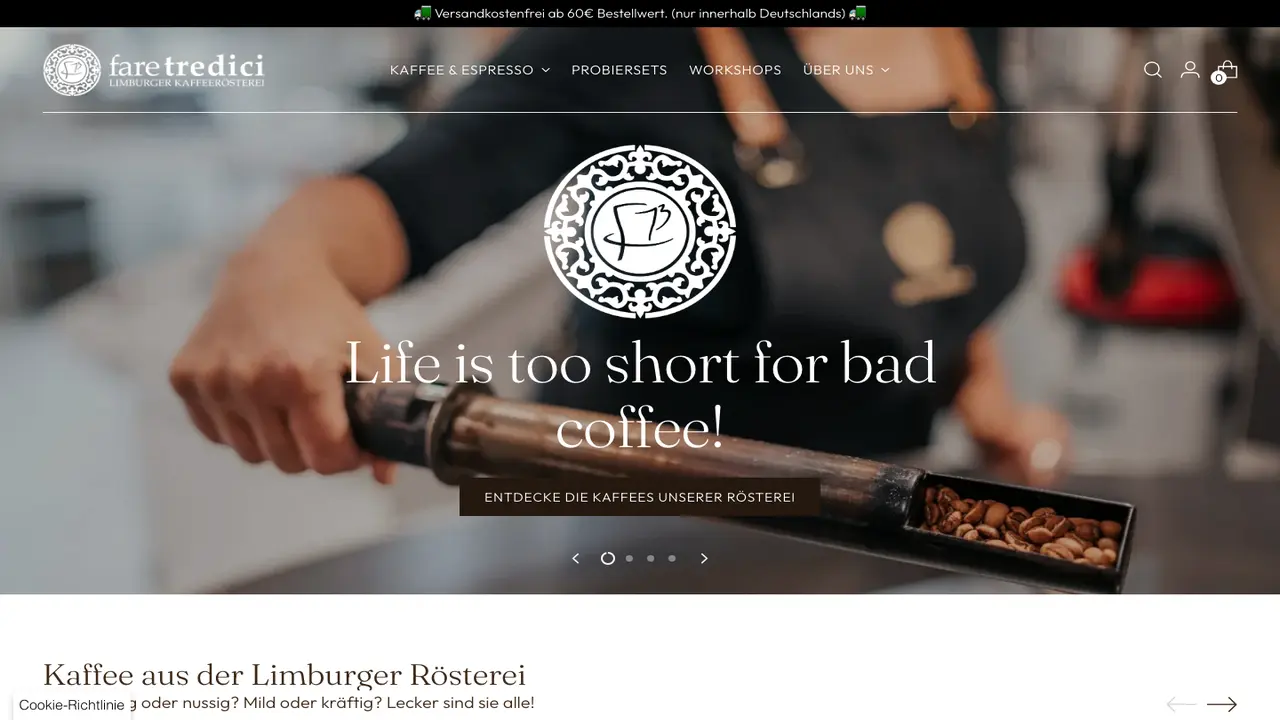 Website der Limburger Kaffeerösterei Fare Tredici