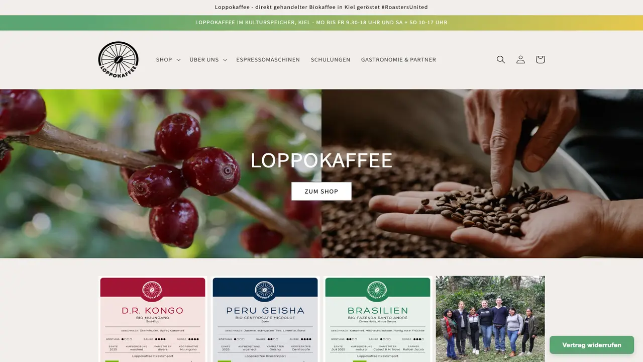 Website der Loppokaffeeexpress café, roasting