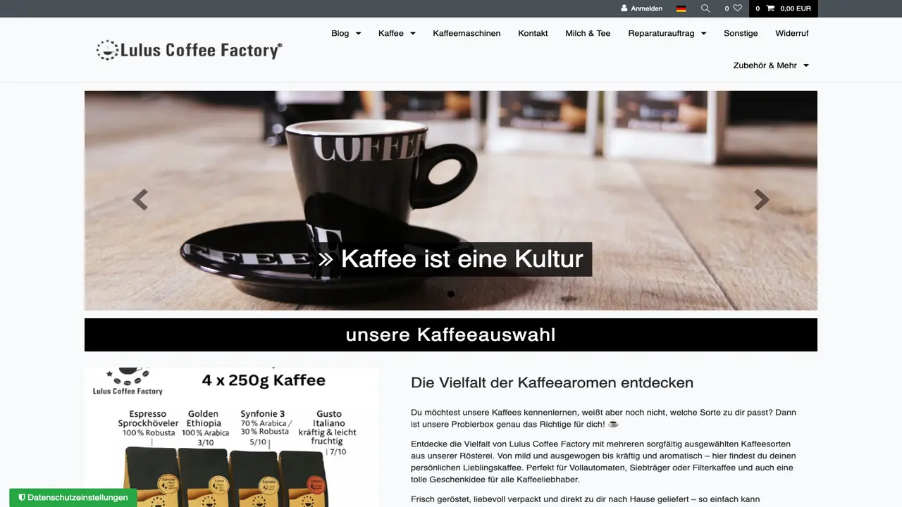 Website der Lulus Coffee Factory - Kaffeerösterei & Café