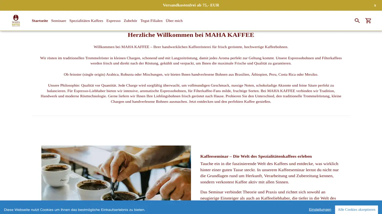 Website der MAHA Kaffee Manufaktur