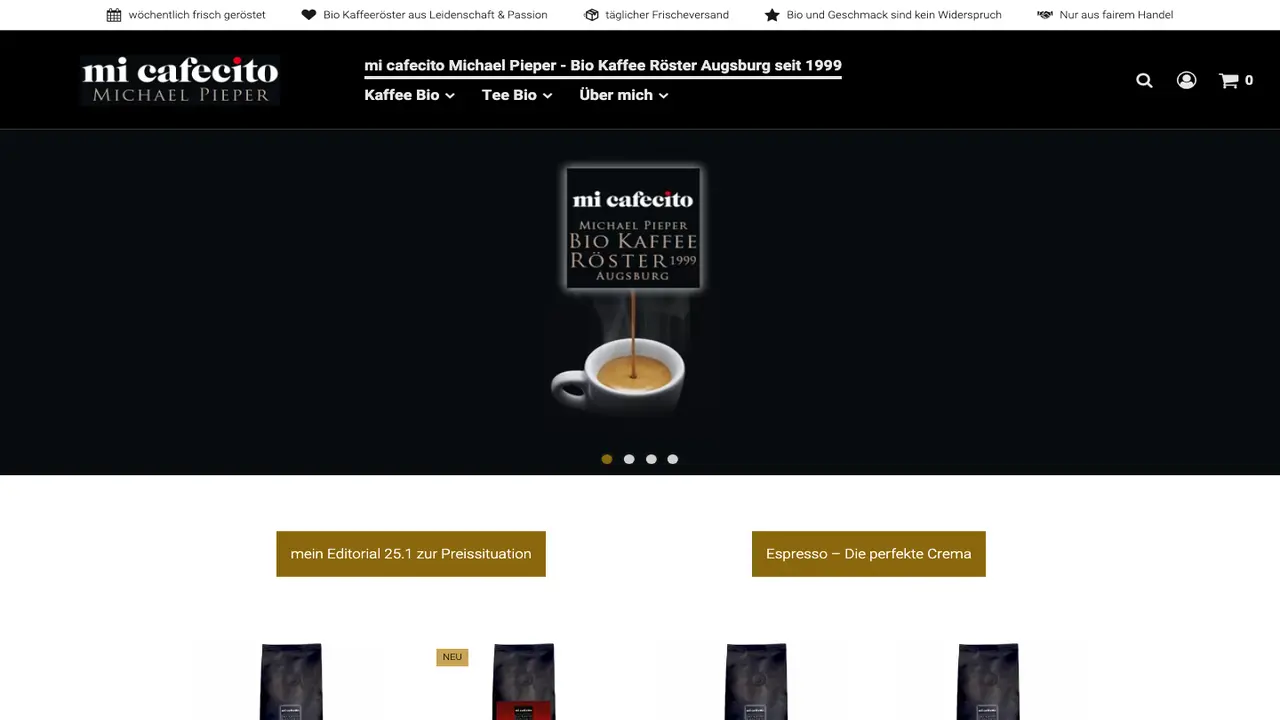 Website der mi cafecito Michael Pieper, Bio Kaffee Rösterei Augsburg