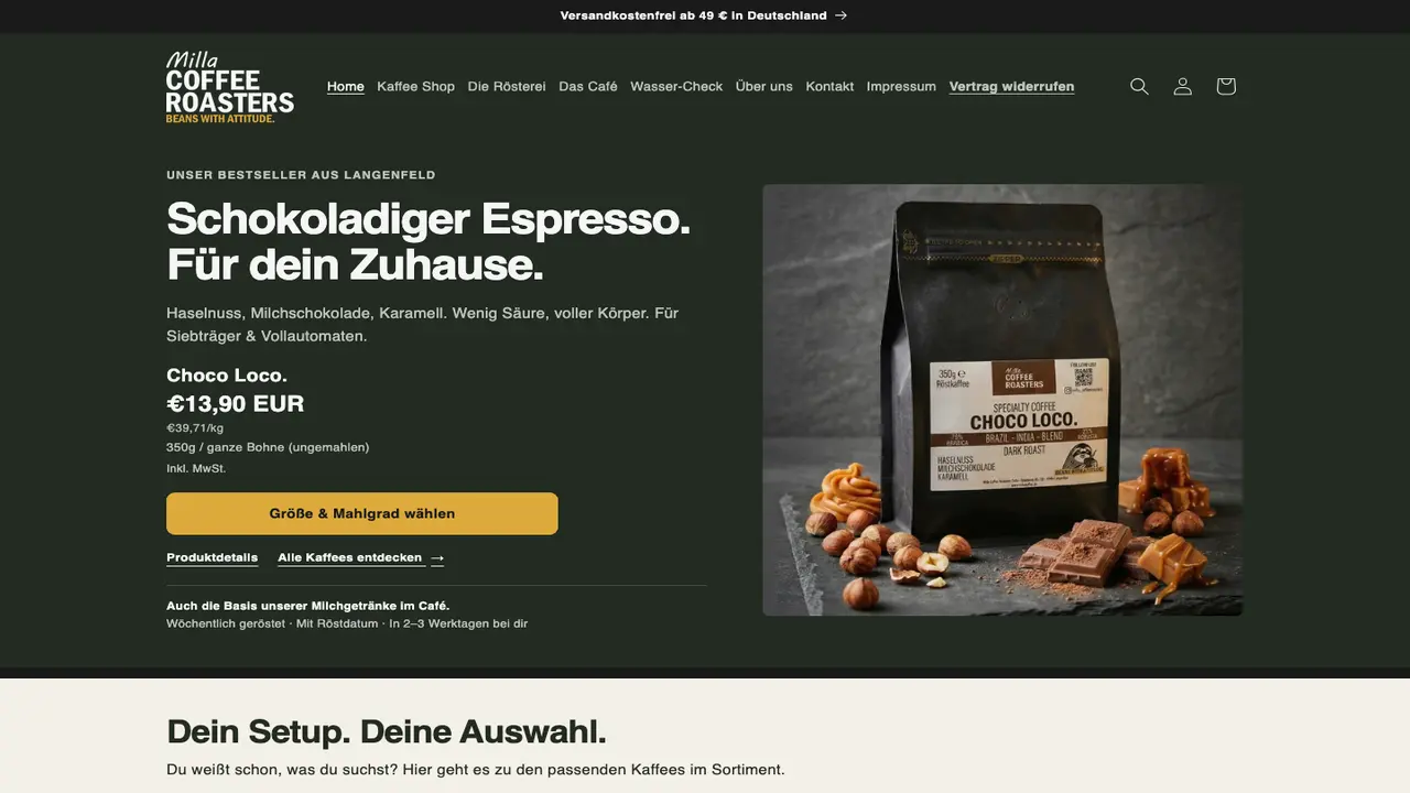 Website der Milla Coffee Roasters