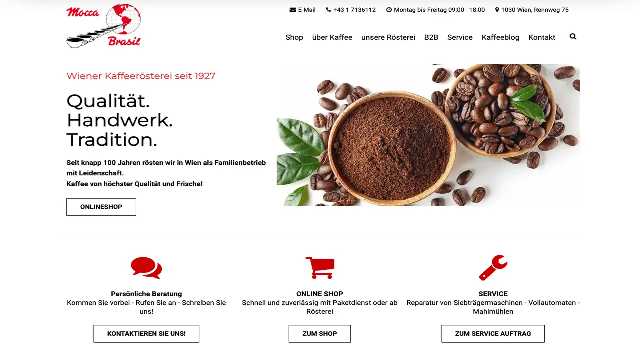 Website der Mocca Brasil Kaffeerösterei