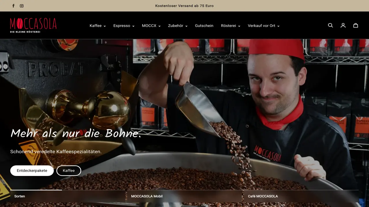 Website der MOCCASOLA - die kleine Rösterei - Onlineshop
