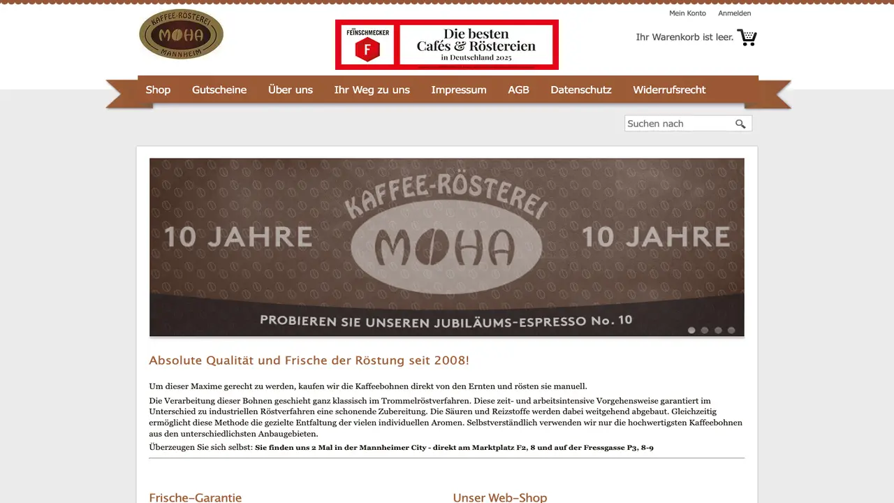 Website der Moha Kaffeerösterei Showroom