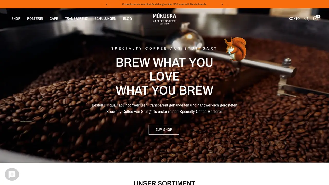 Website der Mókuska Kaffeerösterei