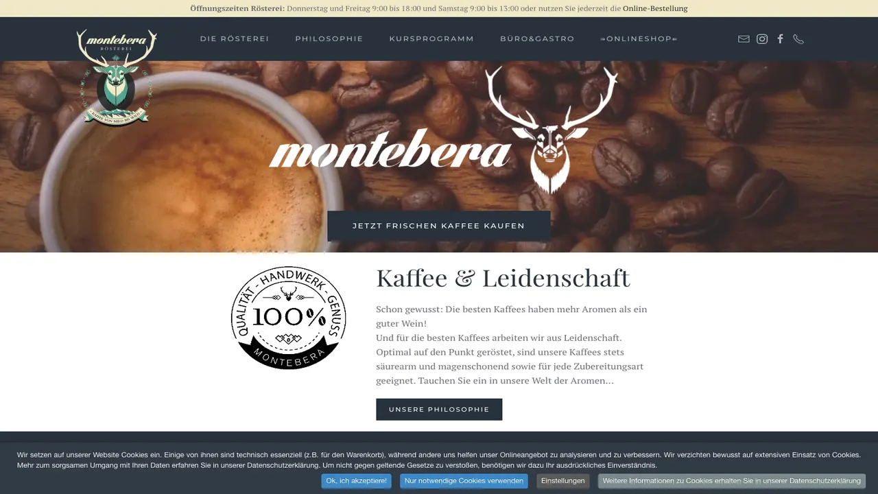 Website der montebera Kaffeerösterei