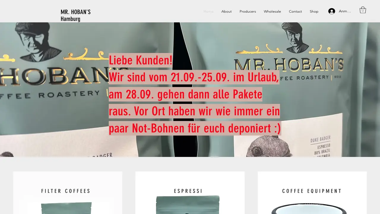 Website der Mr. Hoban's Coffee Roastery