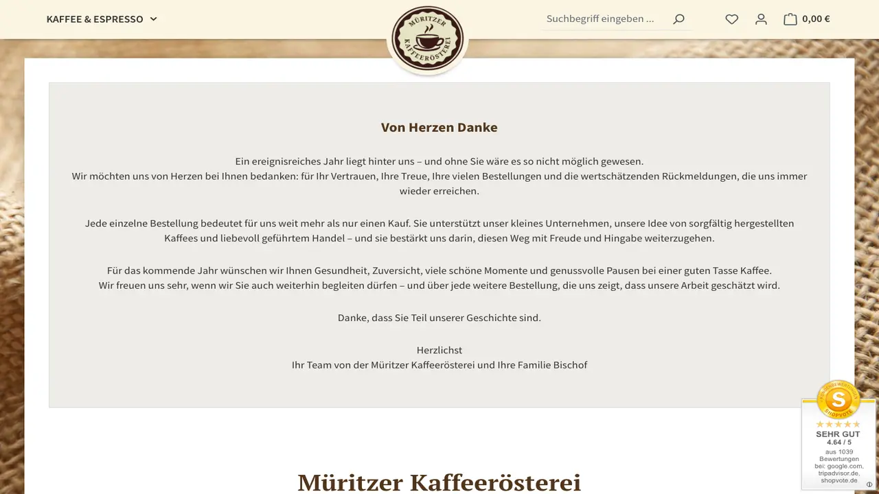 Website der Müritzer Kaffeerösterei