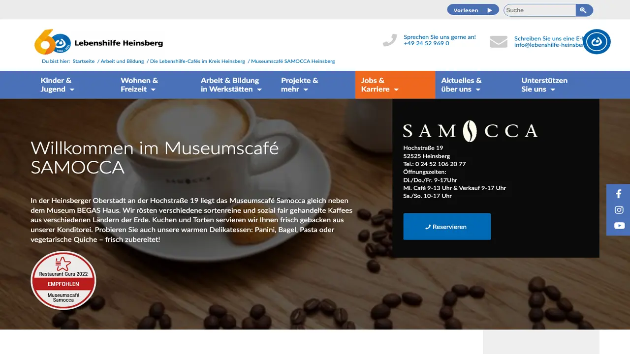 Website der Museumscafé Samocca, Lebenshilfe Heinsberg e.V.