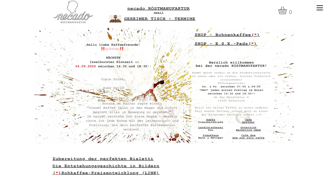 Website der Necado coffee shop E.K.