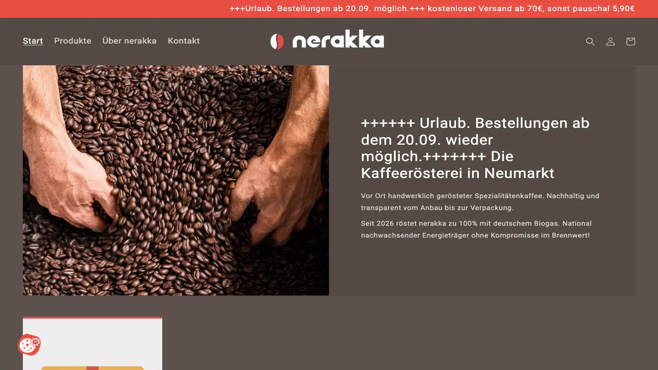 Website der nerakka Kaffeerösterei