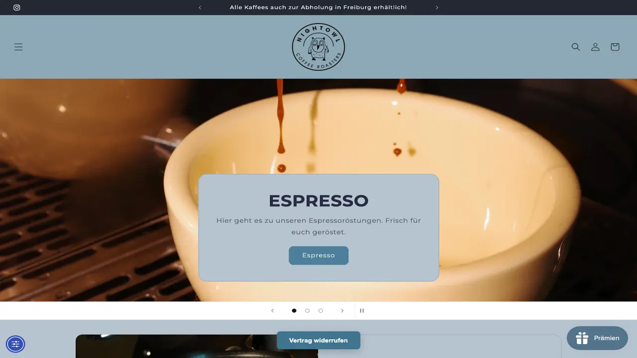 Website der Night Owl Coffee Roasters