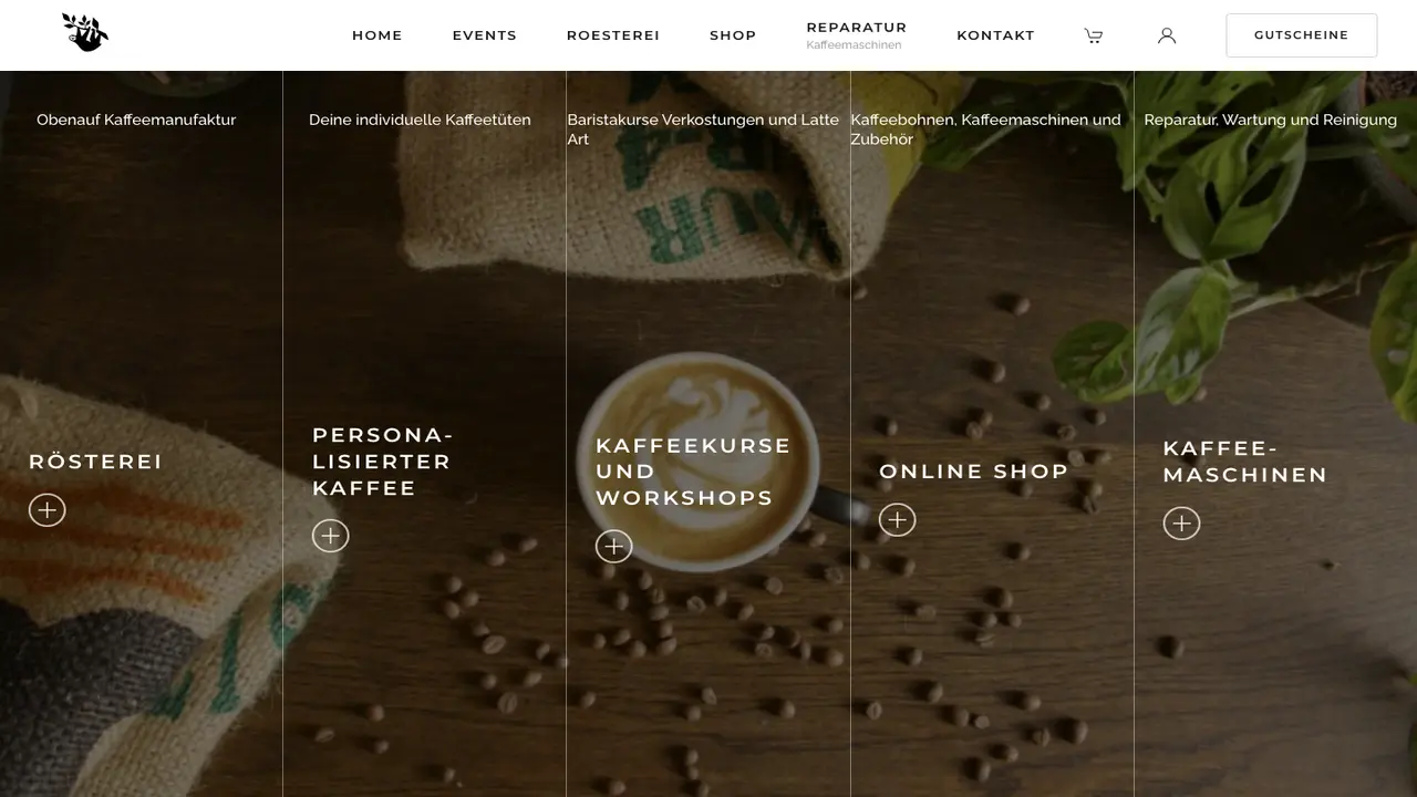 Website der OBENAUF Kaffeemanufaktur GmbH (Rösterei & Kaffeemaschinen Vertrieb + Reparatur)