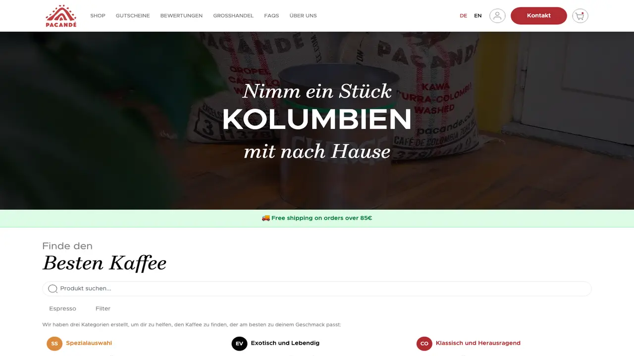 Website der Pacandé Kaffeerösterei KG