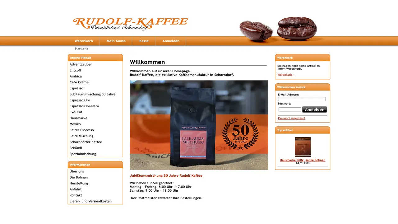 Website der Privatrösterei Rudolf Kaffee