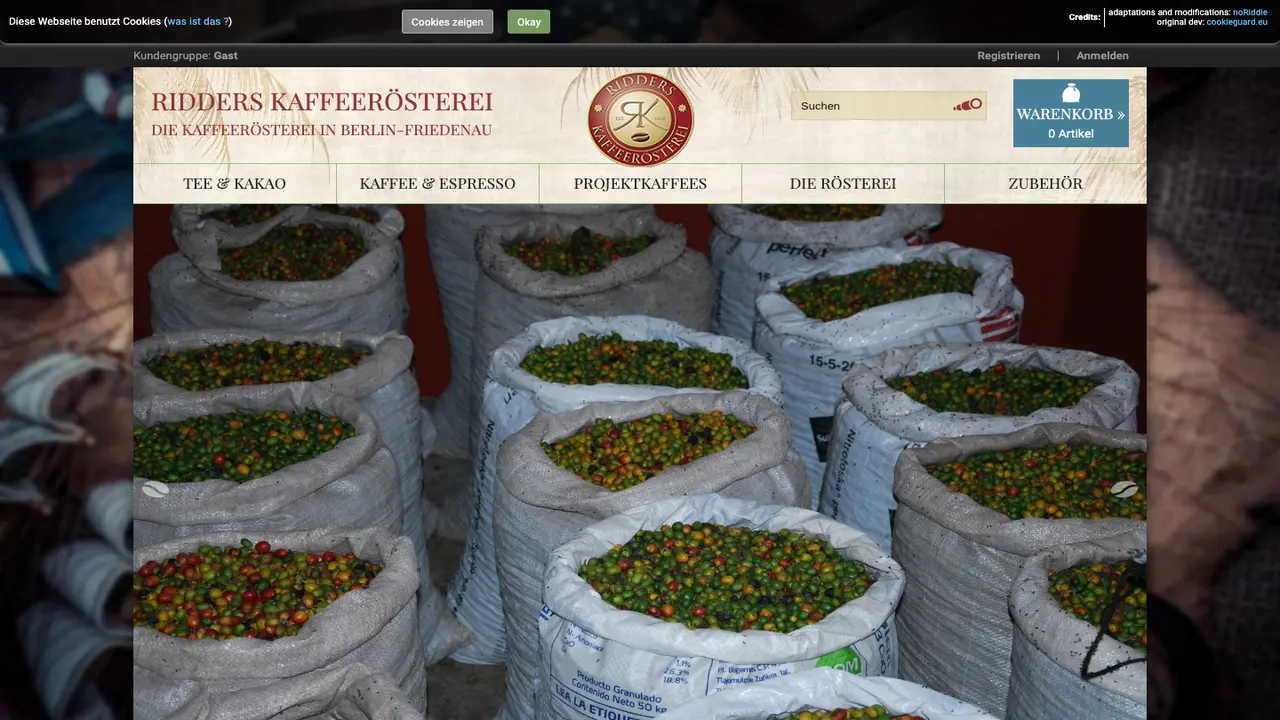 Website der Ridders Kaffeerösterei