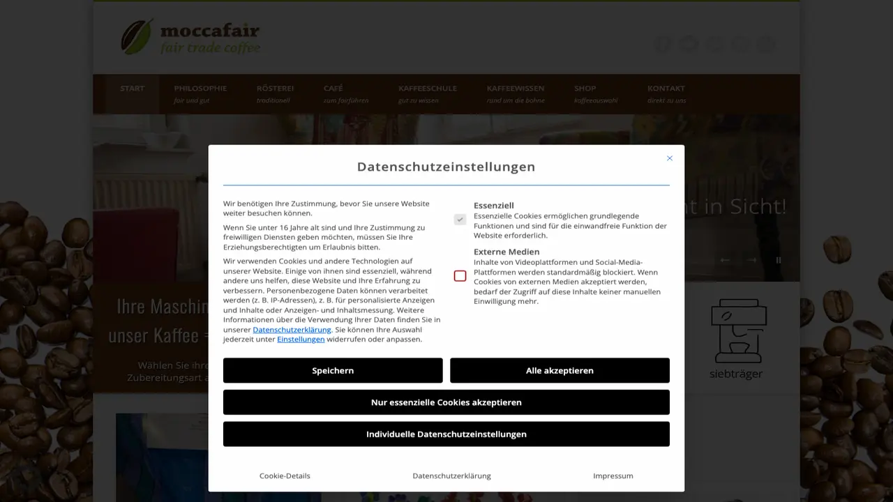 Website der Rösterei moccafair fair trade coffee