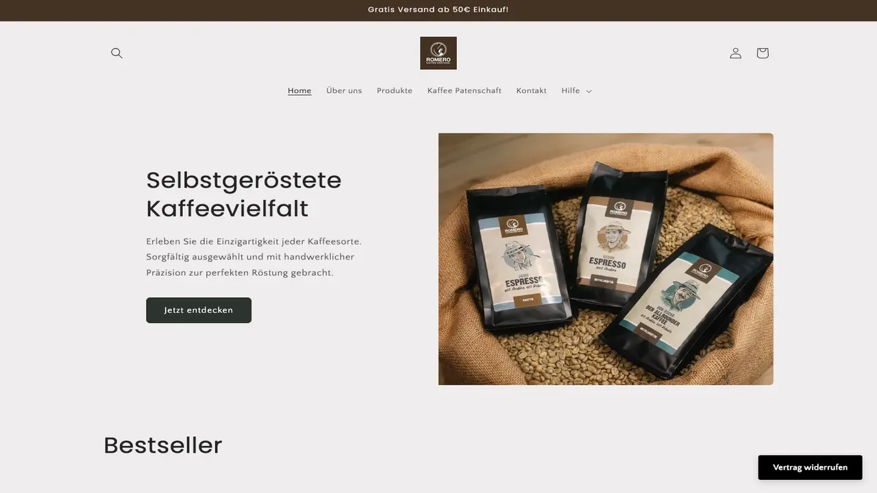 Website der Romero Kaffee Rösterei