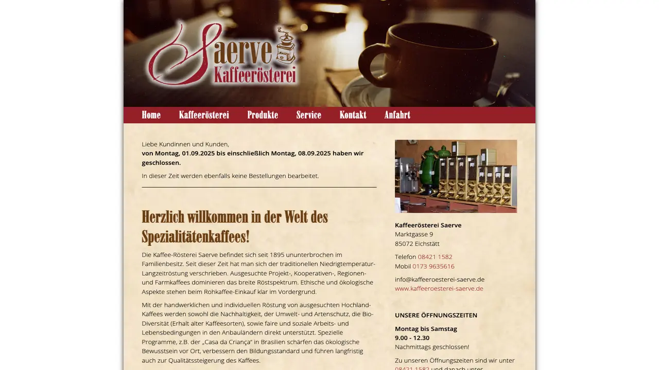 Website der Saerve Kaffeerösterei