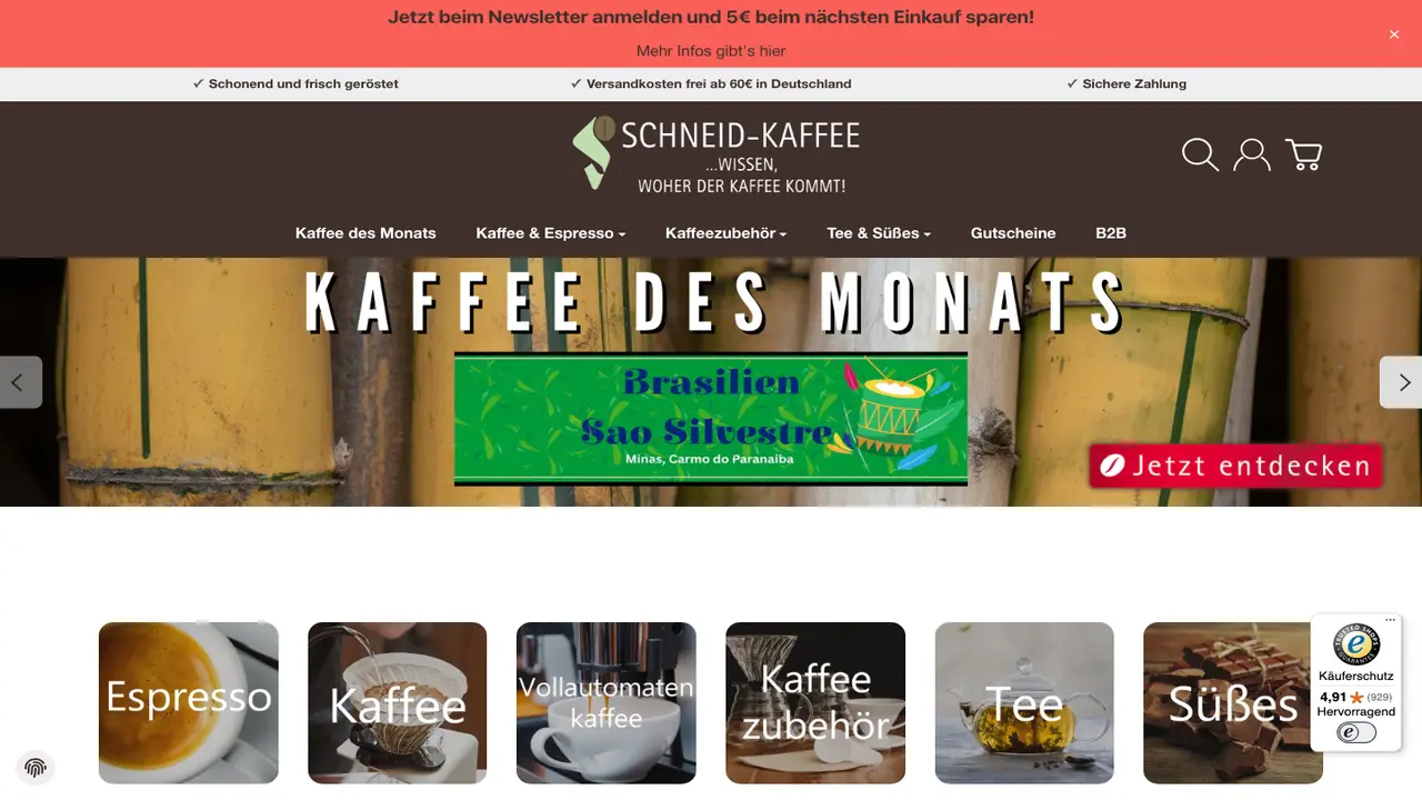 Website der Schneid-Kaffee Kaffeerösterei Specialty Coffee