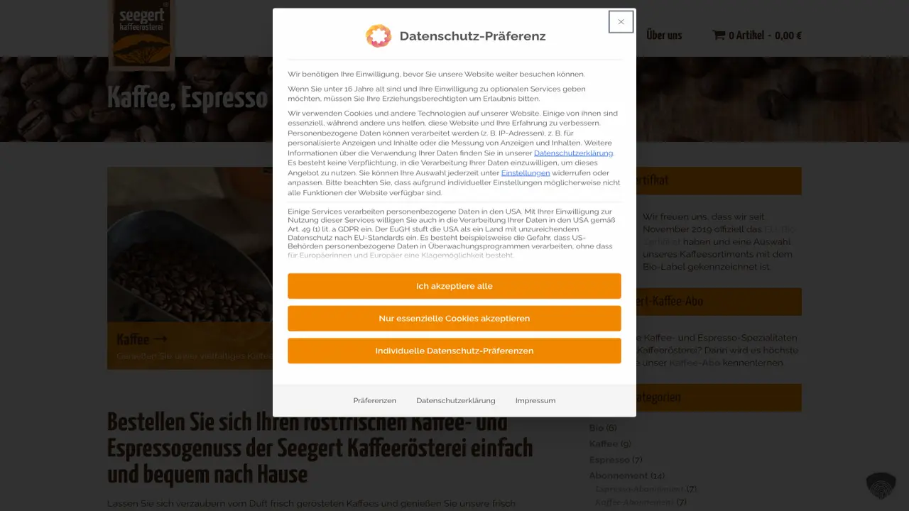 Website der Seegert Kaffeerösterei