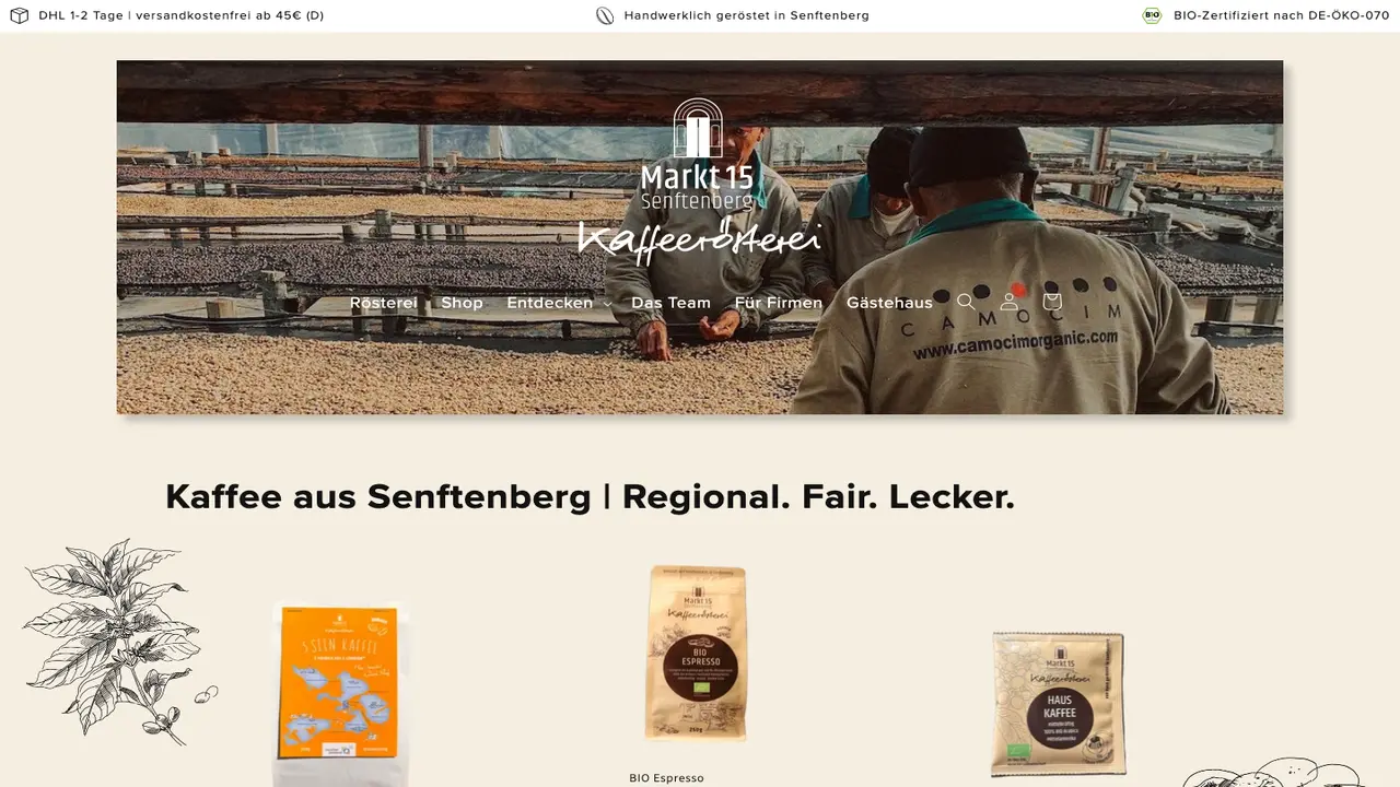 Website der Senftenberger Kaffeerösterei Markt 15
