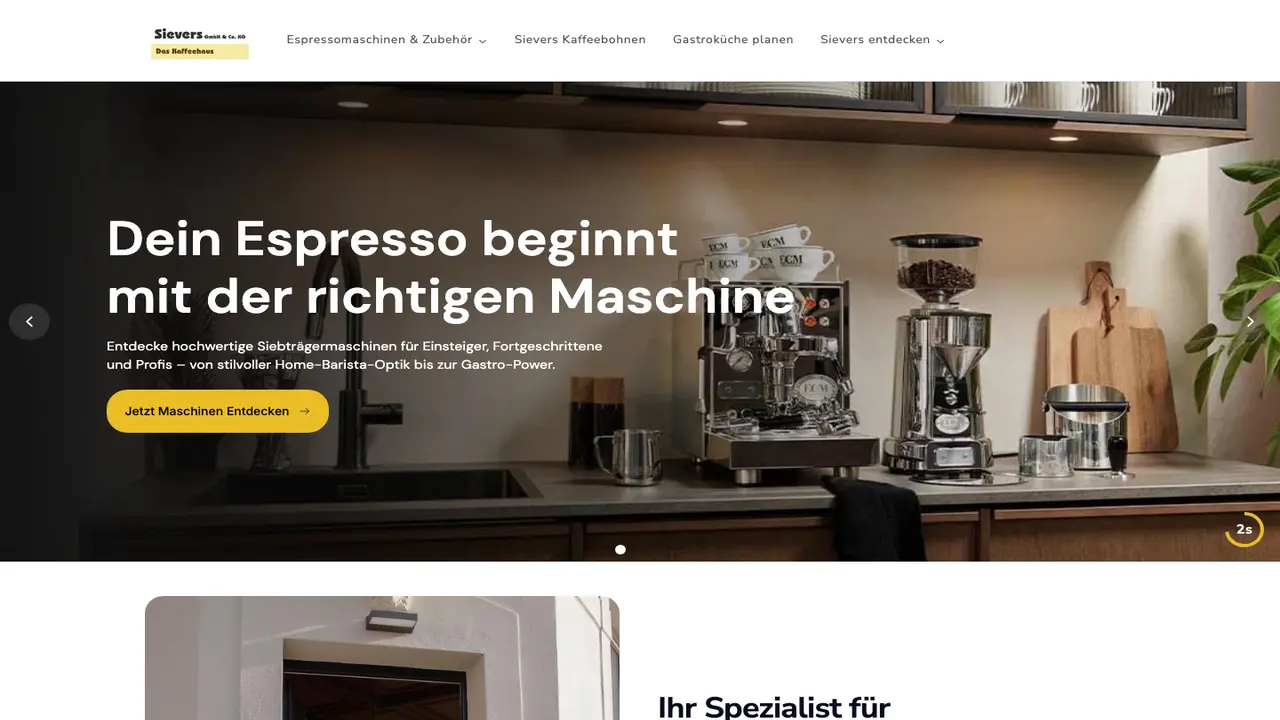Website der Sievers GmbH & Co. KG Verkauf und Reparaturservice für Siebträgermaschinen/Kaffeevollautomaten