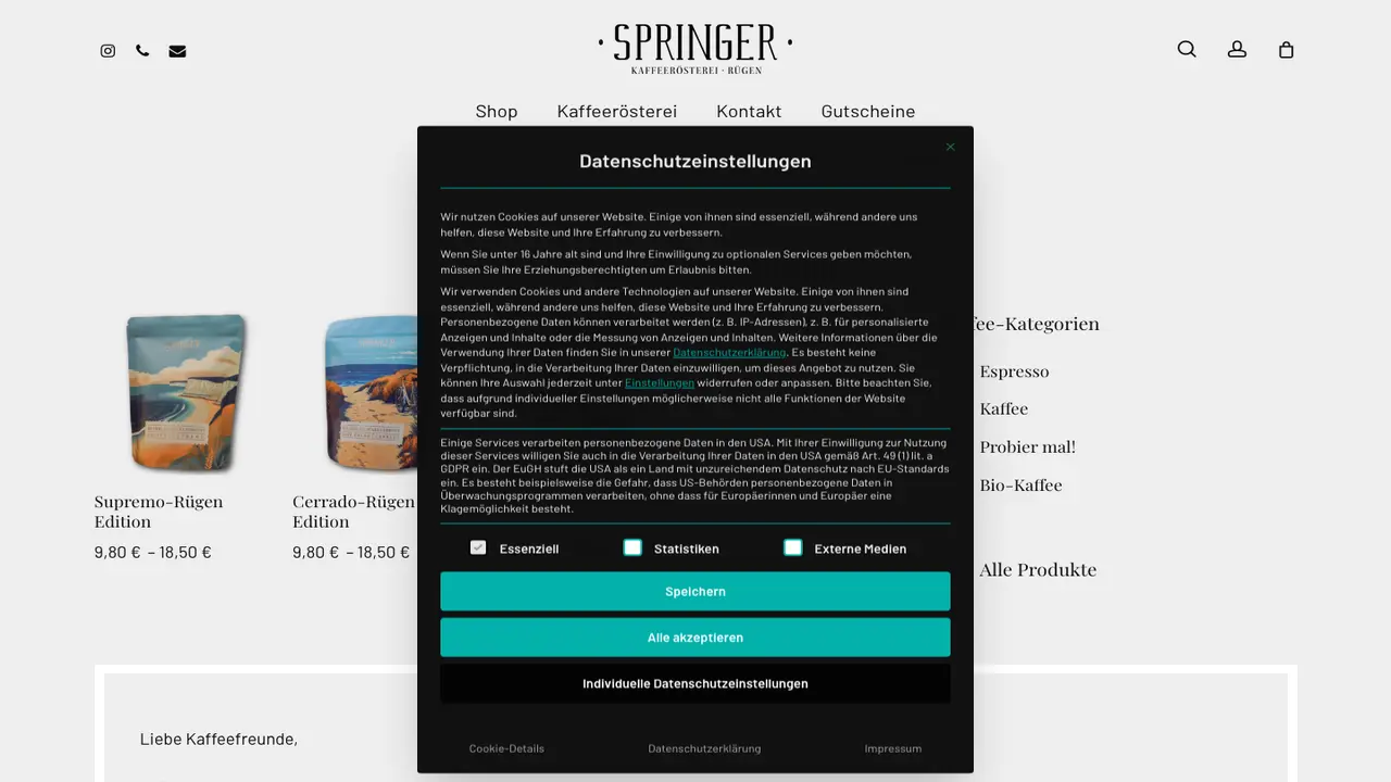 Website der Springer Kaffeerösterei Rügen