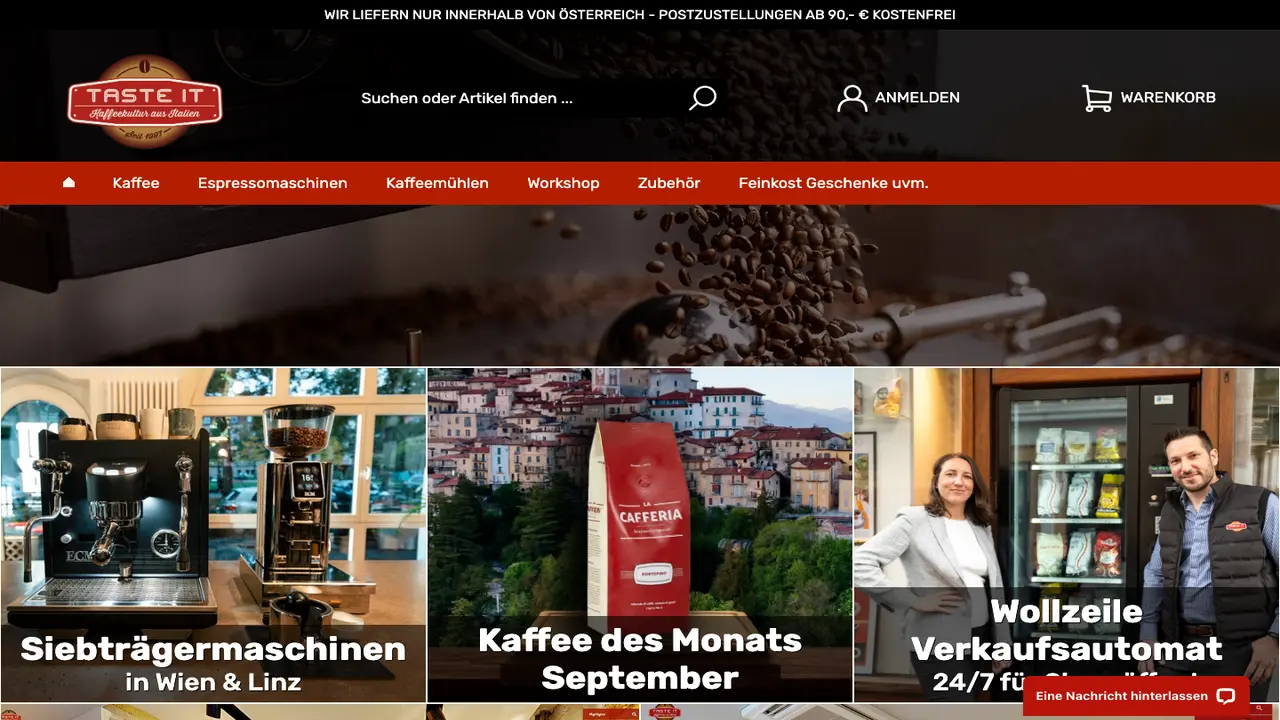 Website der tasteit Kaffeebohnen und Espressomaschinen