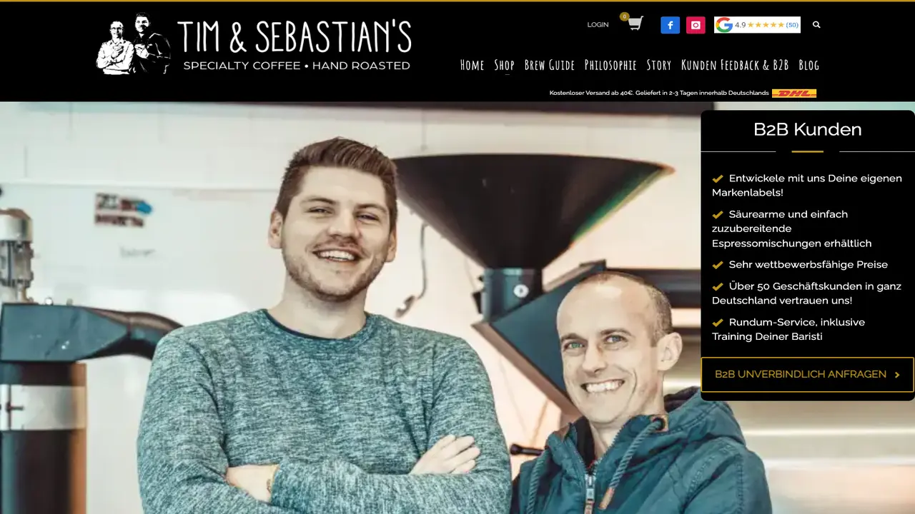 Website der Tim & Sebastian's - Specialty Coffee Roastery