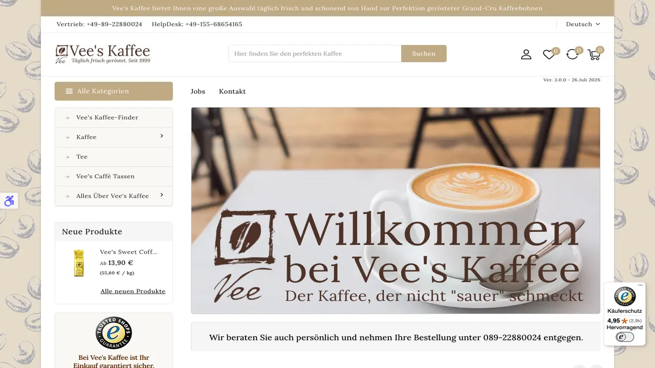 Website der Vee's Kaffee GmbH