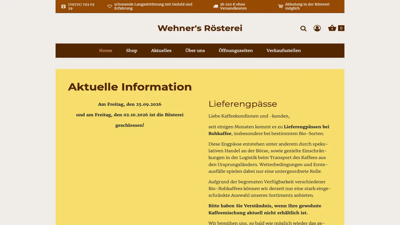 Website der Wehner's Rösterei