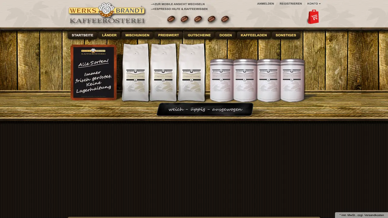 Website der WERKSBRANDT Kaffeerösterei