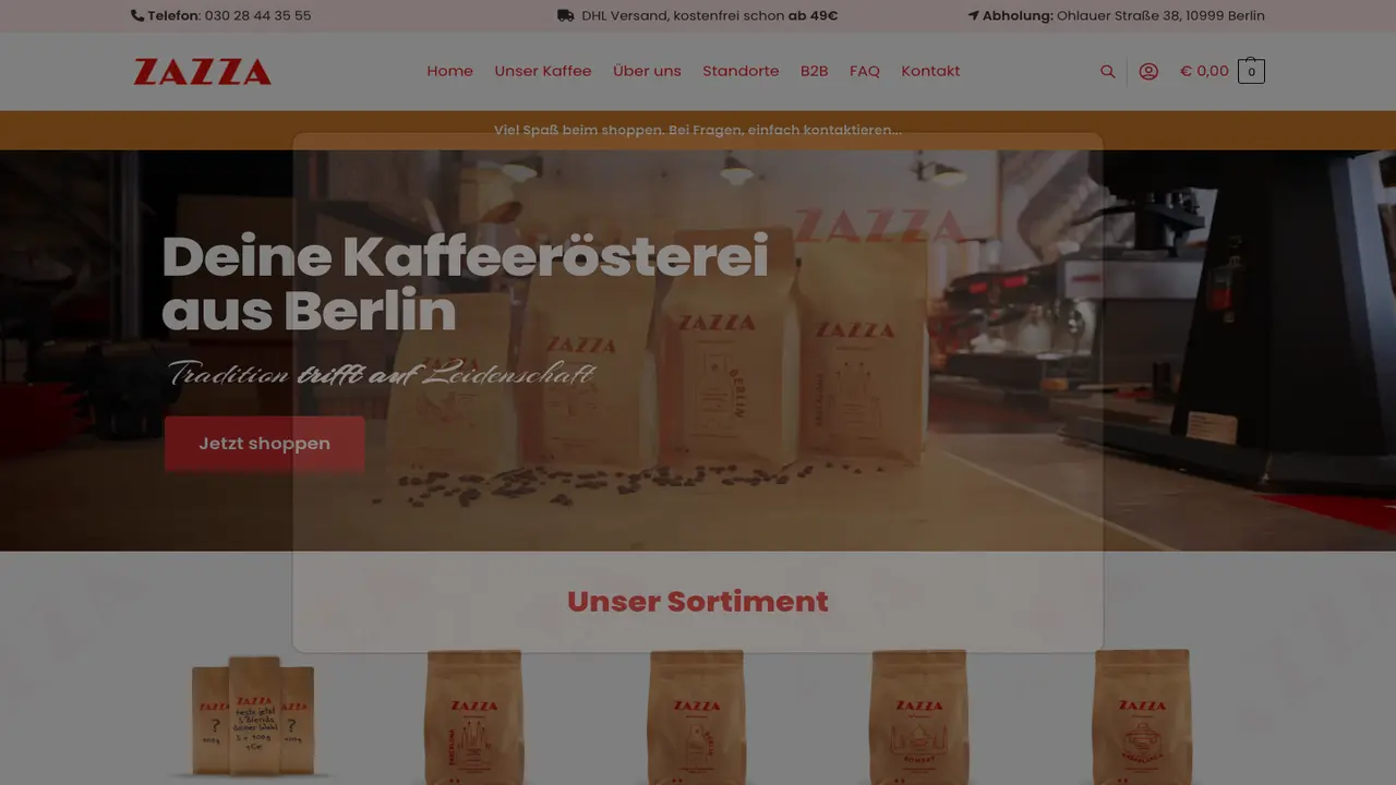 Website der ZAZZA Kaffeerösterei