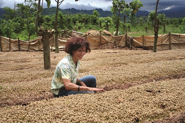 Frau beugt sich ueber Kaffeesetzlinge auf Plantage Santa Elena n Costa Rica