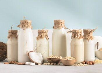 verschieden große Flaschen voll mit Milchalternativenund Nüssen