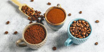 Coffee beans and ground powder.