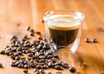 Espresso and coffee beans.