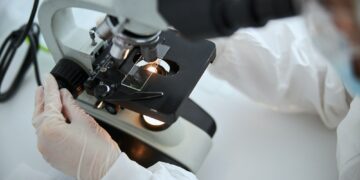 Microbiologist observing a microscopic specimen under the microscope
