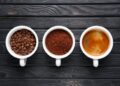Three stages of coffee - beans, ground coffee and welded coffee