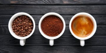 Three stages of coffee - beans, ground coffee and welded coffee